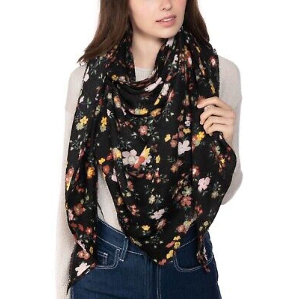 Inc NWT International Concepts Floral Print Triangle Scarf Fringe Black OS New